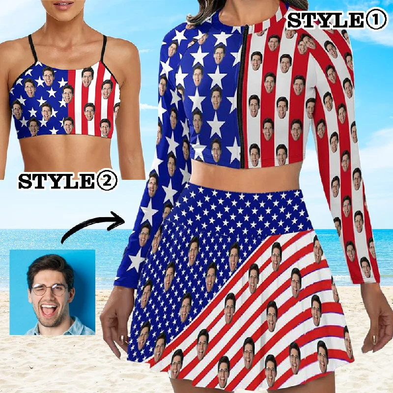 Neon - colored bikini to stand out on the beachCustom Face American Flag Bikini Top&Bottom Women's Swim Skirt With Bottom Long Sleeve Zip Top