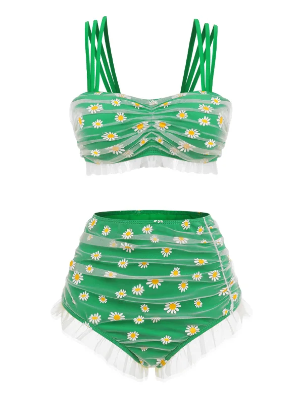 High - performance bikini with quick - drying fabric for active swimmersGreen 1950s Summer Daisy Strap Swimsuit