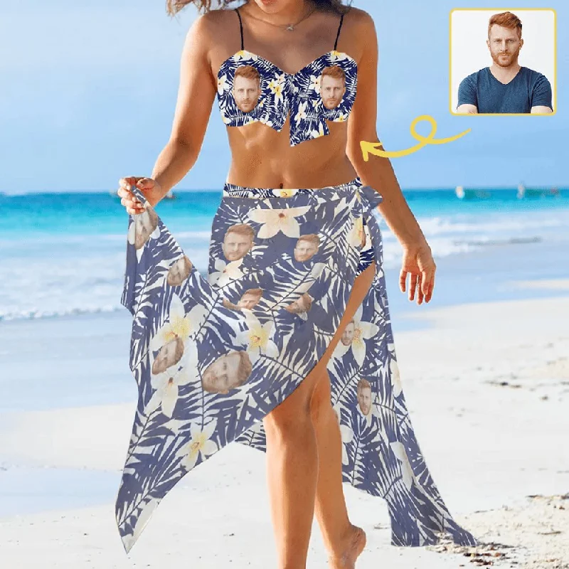 Neon - colored bikini to stand out on the beachCustom Face Blue Flowers Bikini&Cover Up Set Women's Chest Bow Bikini Long Cover Up Skirt With Slit