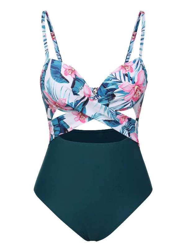 High - performance bikini with quick - drying fabric for active swimmersLake Green 1930s Spaghetti Strap Floral Swimsuit