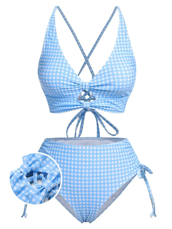 Convertible bikini that can be worn in multiple styles for versatilityBlue 1950s Spaghetti Strap Plaids Swimsuit