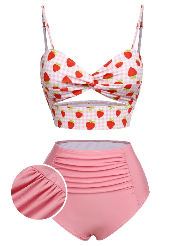 Sustainable bikini made from recycled materials for eco - conscious beachgoersPink 1960s Strawberry Plaid Halter Swimsuit