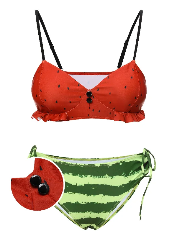 Neon - colored bikini to stand out on the beachRed 1950s Watermelon Suspender Bikini Set