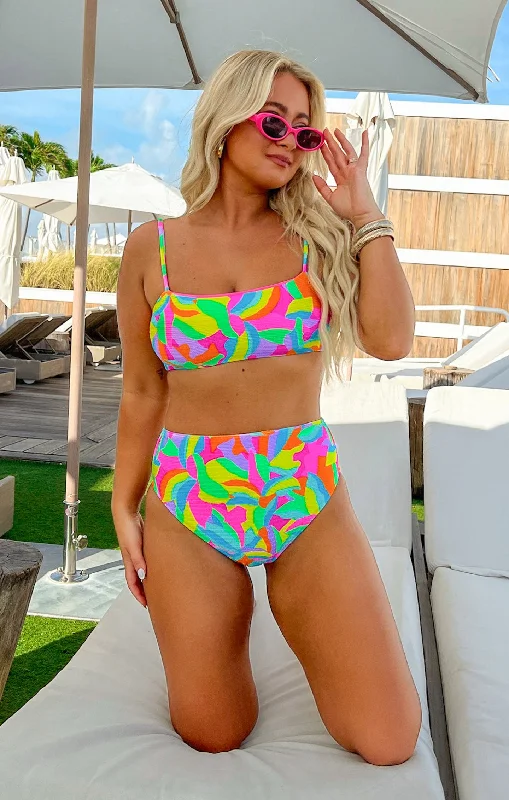 Push - up bikini top to enhance the bust for a confident beach appearanceSail Bottom ~ Neon Tropics Contour Scrunch