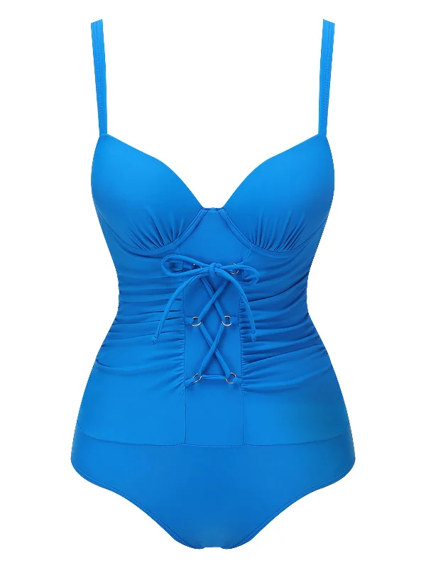 Neon - colored bikini to stand out on the beachBlue 1950s Solid Added Strap Swimsuit