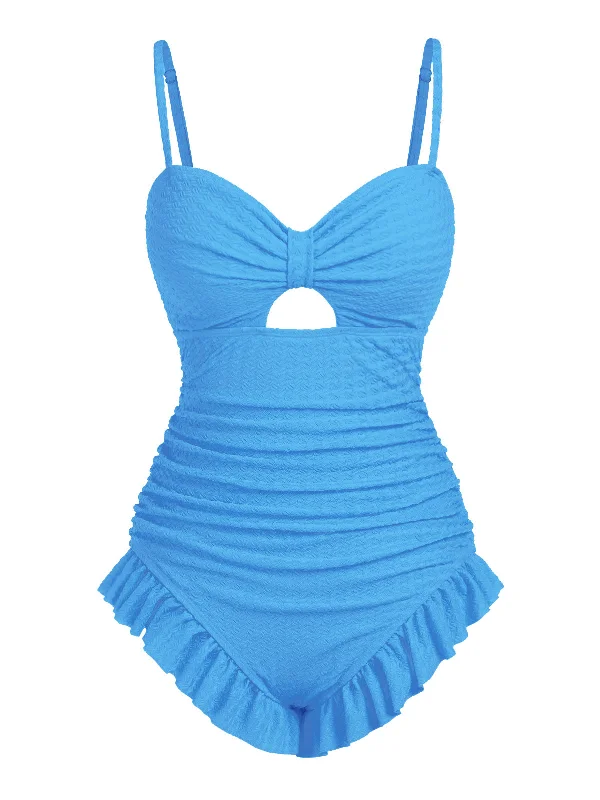 Monokini - style bikini with a unique one - piece - meets - bikini designBlue 1950s Solid Ruched Swimsuit