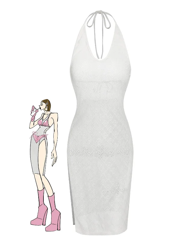 Sports bikini for high - intensity water activities like surfingWhite 1960s Knitted Halter Dress Cover-Up