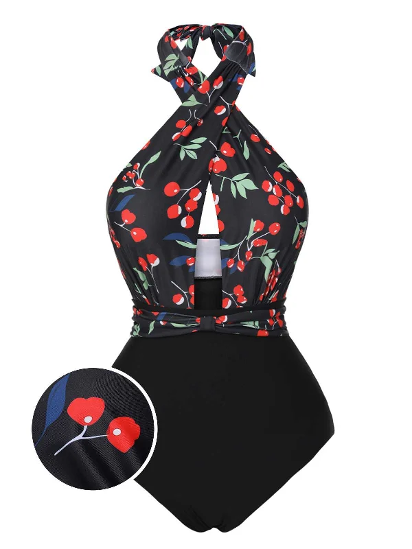 Convertible bikini that can be worn in multiple styles for versatilityBlack 1950s Cross Halter Cherry Swimsuit