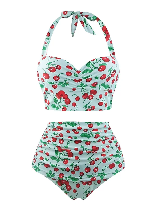 Striped bikini with a classic pattern for a timeless beach aestheticRetro 1950s Cherry Summer Halter Swimsuit