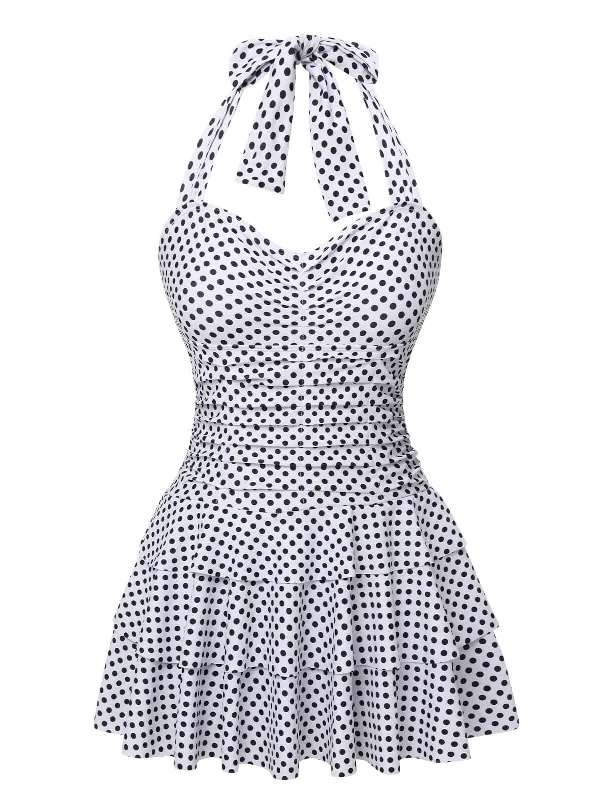 Push - up bikini top to enhance the bust for a confident beach appearanceWhite 1940s Polka Dot Halter Skirted Swimsuit