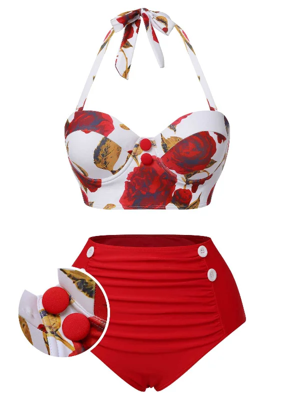 Floral - printed bikini for a feminine and colorful beach vibeRed 1940s Halter Roses Swimsuit