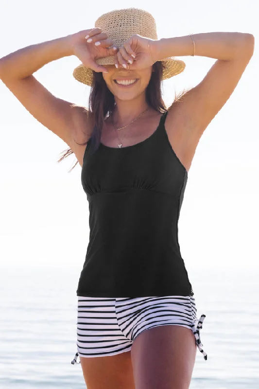 Tie - side bikini bottoms for an adjustable and stylish fitStripe Print Drawstring Side Tummy Control Tankini Set