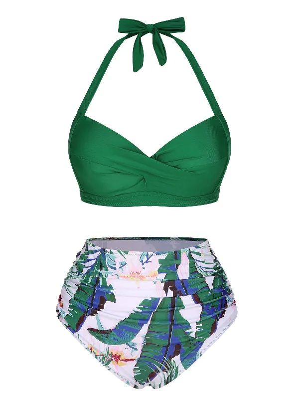 Tropical - themed bikini for a vacation - ready beach outfitGreen 1930s Halter Tropical Plants Swimsuit