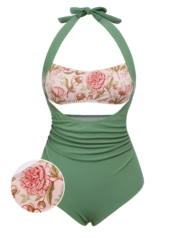 Tie - side bikini bottoms for an adjustable and stylish fitGreen 1930s Peony Halter One-Piece Swimsuit