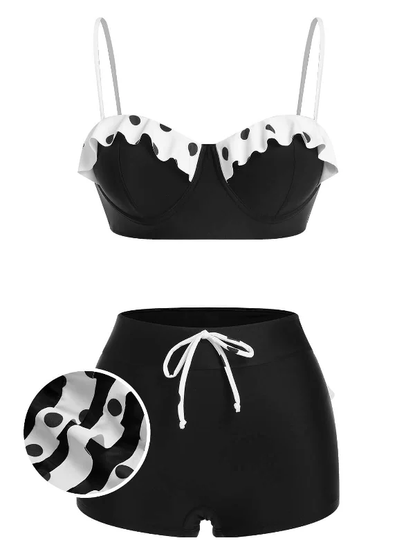 Lace - trimmed bikini for an elegant and romantic touchBlack White 1950s Dots Layered Strap Swimsuit