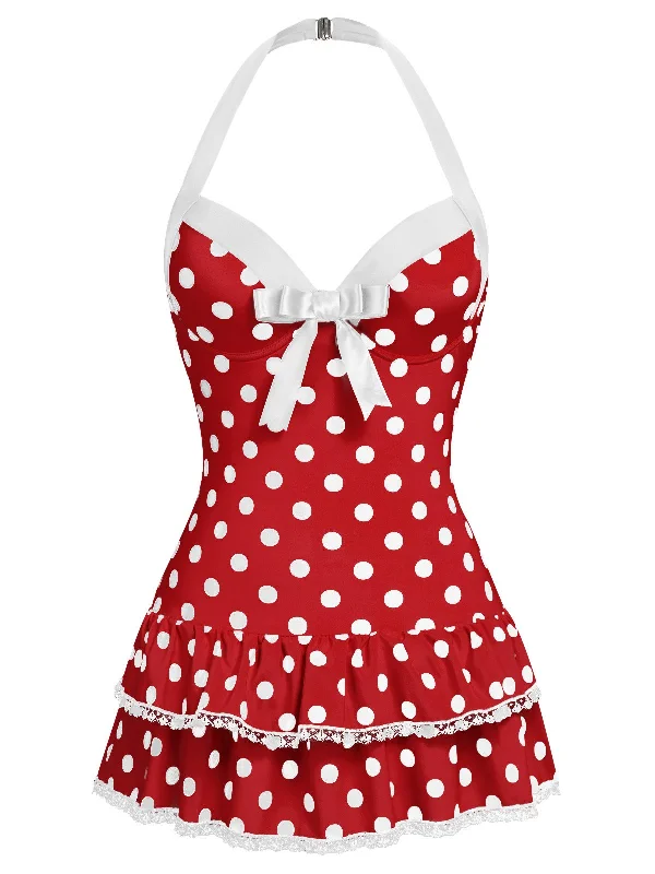 High - performance bikini with quick - drying fabric for active swimmersRed 1940s Polka Dots Halter One-Piece Swimsuit