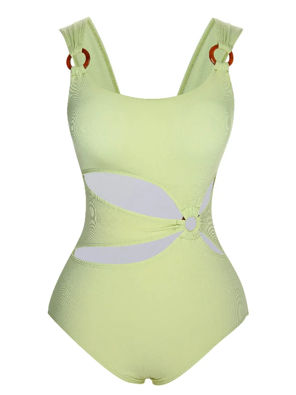 Striped bikini with a classic pattern for a timeless beach aestheticGreen 1950s Solid Waist Cutout Ring Swimsuit