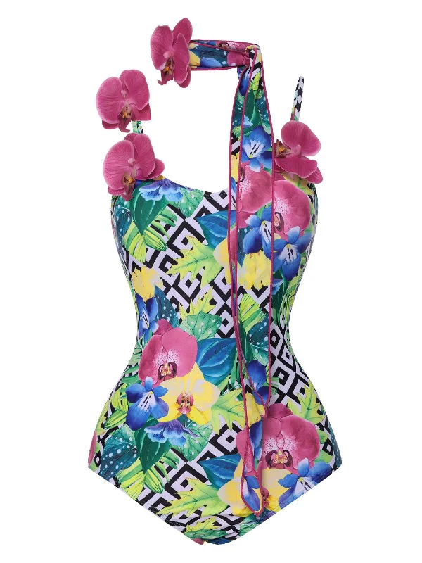 Ruched bikini with fabric gathers for a slimming effectMulticolor 1950s Halter Artificial Flowers Swimsuit