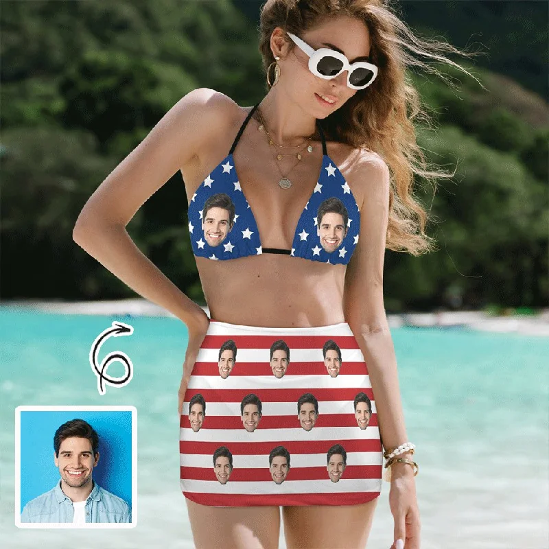 Long - line bikini top for added support and a fashionable lookCustom Face American Flag Bikini Set Personalized Halterneck String Three-Pieces Bikini Skirts Set