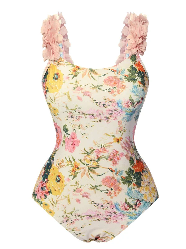 Monokini - style bikini with a unique one - piece - meets - bikini designMulticolor 1950s 3D-Flowers Spaghetti Straps Swimsuit