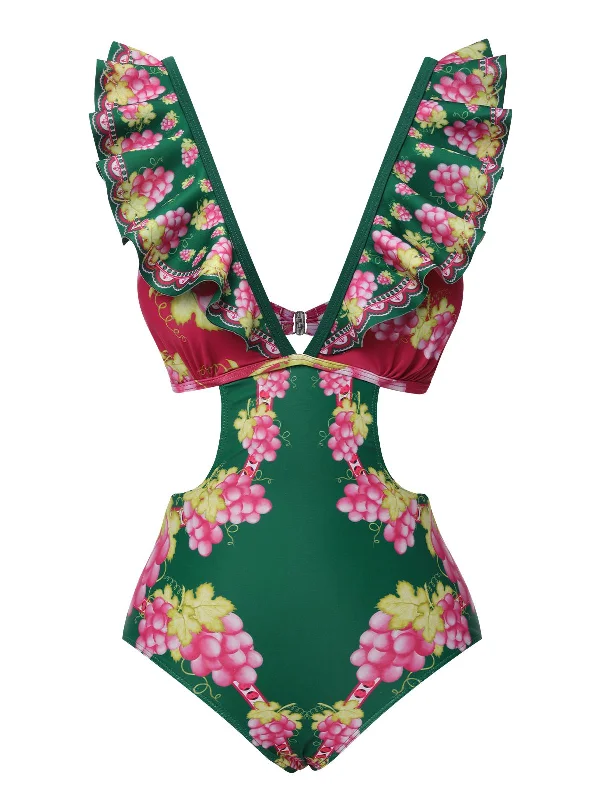 Sustainable bikini made from recycled materials for eco - conscious beachgoersGreen 1950s Retro-Flowers V-Neck Swimsuit