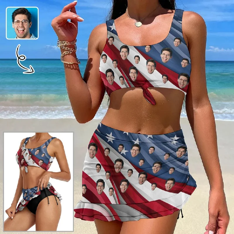 Floral - printed bikini for a feminine and colorful beach vibeCustom Face USA Flag Bikini Set Personalized Drawstring Chest Strap Bikini Skirt