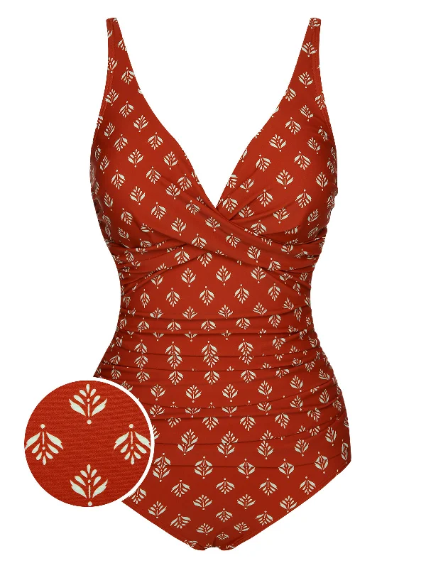 Metallic - finish bikini for a glamorous and eye - catching poolside lookFire Brick Red 1940s Leaves V-Neck Swimsuit