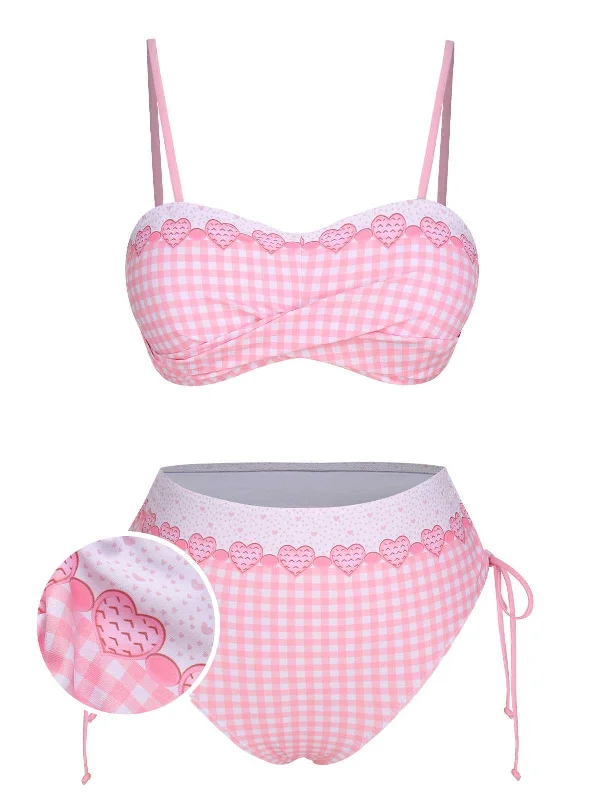 Ruched bikini with fabric gathers for a slimming effectPink 1950s Spaghetti Strap Heart Plaids Swimsuit