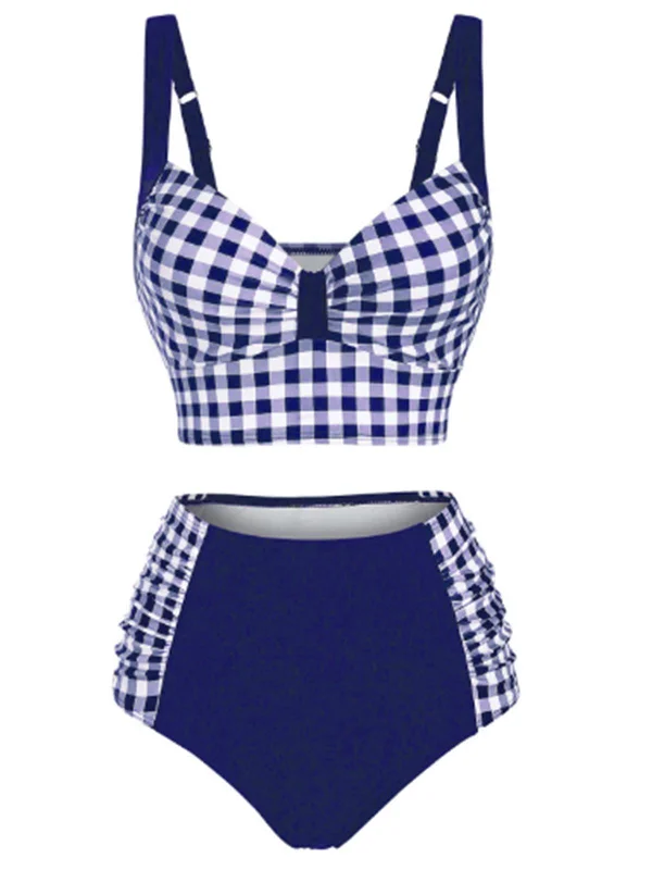 Striped bikini with a classic pattern for a timeless beach aestheticPlaid Spaghetti Strap Patchwork Bikini