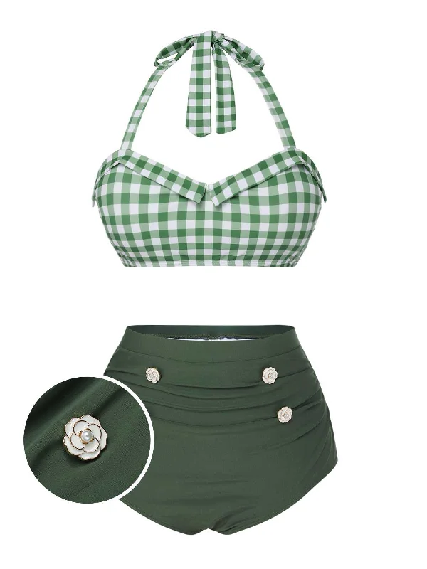 Monokini - style bikini with a unique one - piece - meets - bikini designGreen Gray 1940s Halter Plaids Swimsuit