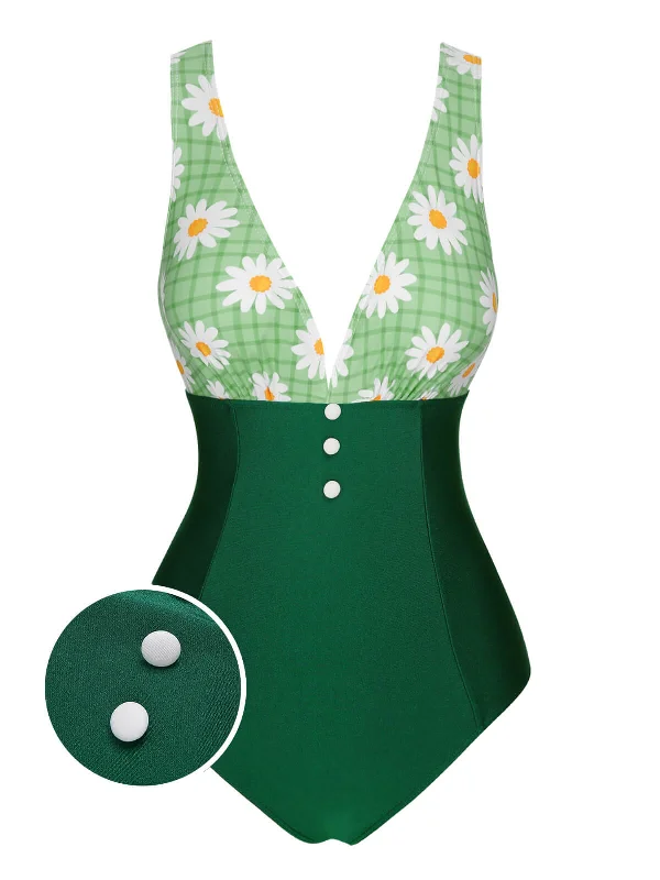 High - waisted bikini for a retro and tummy - flattering lookGreen 1940s Daisy Patchwork One-Piece Swimsuit