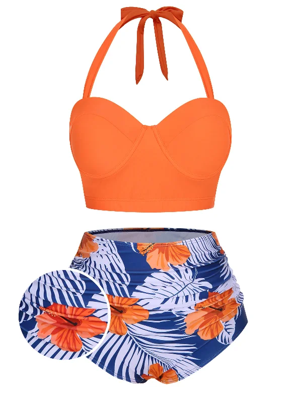 Long - line bikini top for added support and a fashionable lookHalter Flowers Pleated Bikini Set