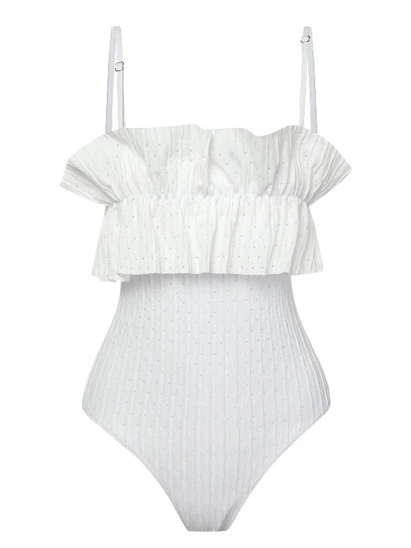 Push - up bikini top to enhance the bust for a confident beach appearanceWhite 1970s Solid Ruffles Bandeau Swimsuit