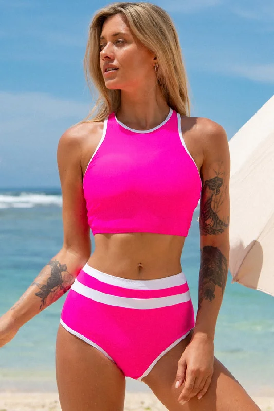 Long - line bikini top for added support and a fashionable lookColor Block Round Neck Bikini Set