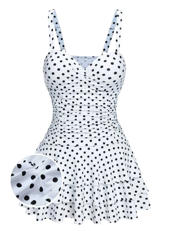 UV - protection bikini for safe sun exposure during beach daysWhite 1950s Spaghetti Strap Polka Dots Swimsuit