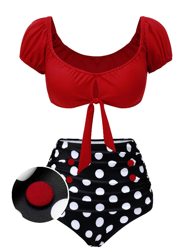 Plus - size bikini with full - coverage options for comfort and confidence1950s Red & Black Polka Dot Halter Swimsuit