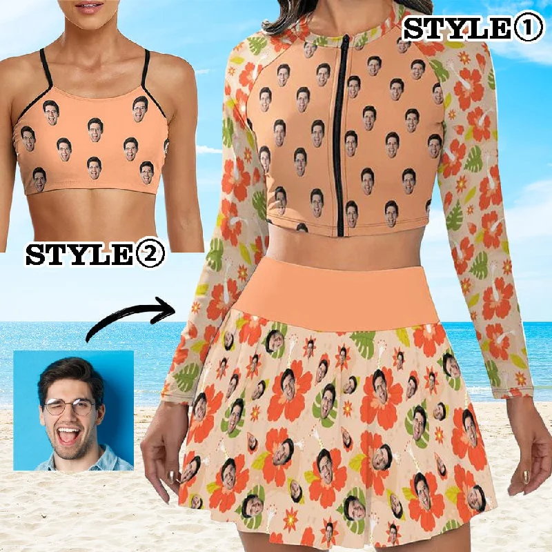 Neon - colored bikini to stand out on the beachCustom Face Orange Flowers Bikini Top&Bottom Women's Swim Skirt With Bottom Long Sleeve Zip Top