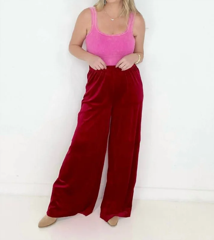 Velvet Wide Leg Pants In Red