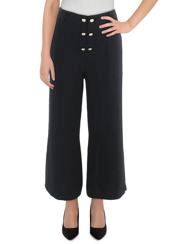 Womens Button Crepe Wide Leg Pants