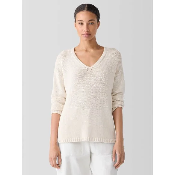 Long - Sleeve Women Sweater with Ribbed CuffsLong - Sleeve Women Sweater with Ribbed CuffsEileen Fisher Peruvian Organic Cotton Cord Jersey V-Neck Top in Ecru