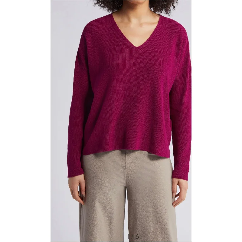 Cropped Women Sweater to Pair with High - Waisted BottomsCropped Women Sweater to Pair with High - Waisted BottomsEileen Fisher Peruvian Organic Cotton Crepe V-Neck Top in Rhapsody