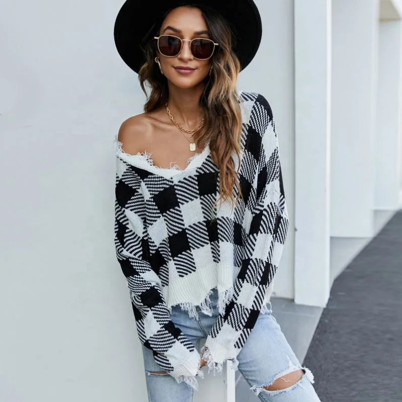 Mock - Neck Women Sweater for a Modern TwistMock - Neck Women Sweater for a Modern TwistHot 2022 Sexy Off-The-Shoulder V-Neck Knitted Top Ripped Plaid Loose Sweater