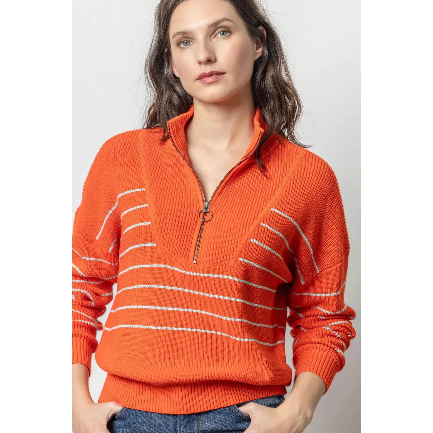 Cashmere Women Sweater with a Luxurious Soft TouchCashmere Women Sweater with a Luxurious Soft TouchLilla P Striped Zip Front Sweater in Permission Stripe