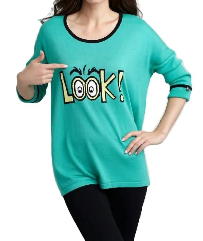 Cropped Women Sweater to Pair with High - Waisted BottomsCropped Women Sweater to Pair with High - Waisted BottomsLook Graphic Sweater In Teal