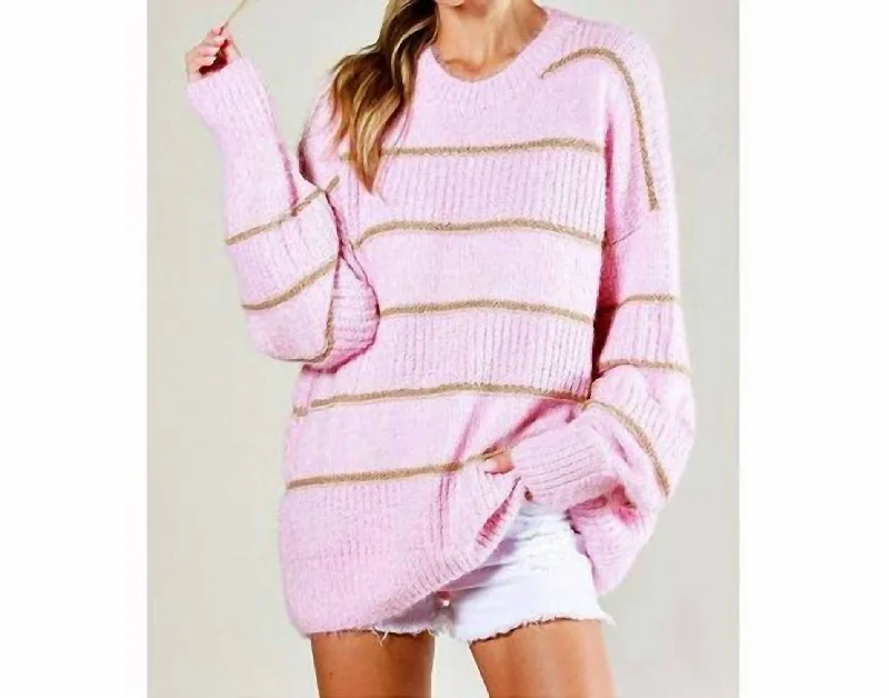 Open - Front Women Sweater for Easy LayeringOpen - Front Women Sweater for Easy LayeringMetallic Stripes Sweater In Light Pink