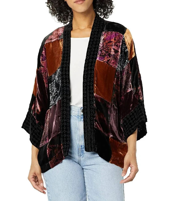 Cropped Women Sweater to Pair with High - Waisted BottomsCropped Women Sweater to Pair with High - Waisted BottomsPatchwork Velvet Cropped Kimono In Multi