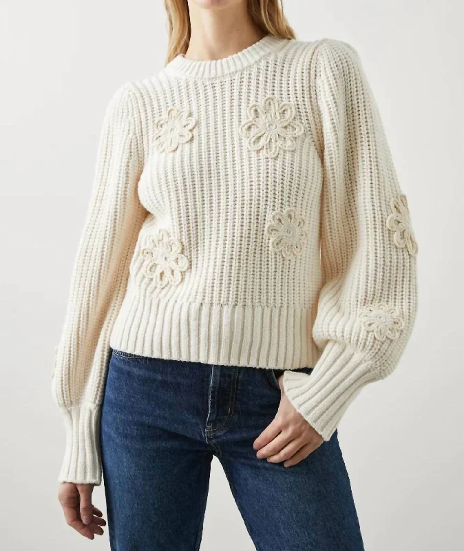 Striped Women Sweater with a Timeless PatternStriped Women Sweater with a Timeless PatternRomy Sweater - Crochet Daisies In Ivory