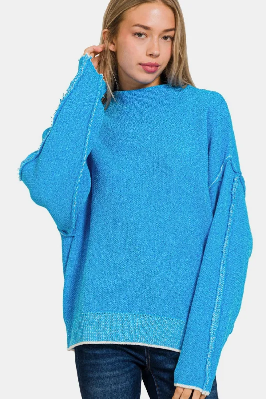 Button - Down Women Sweater for a Versatile LookButton - Down Women Sweater for a Versatile LookZenana Exposed Seam Mock Neck Long Sleeve Sweater