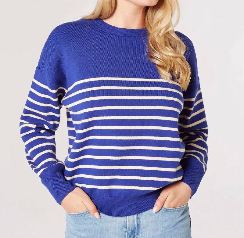 Button - Down Women Sweater for a Versatile LookButton - Down Women Sweater for a Versatile LookCrew Neck Striped Sweater In Cobalt