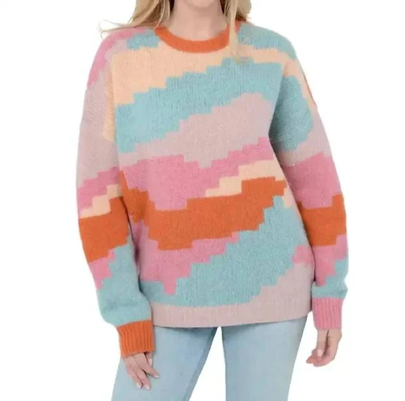 Cable - Knit Women Sweater with Intricate PatternsCable - Knit Women Sweater with Intricate PatternsErsa Sweater In Multi Blue Pink